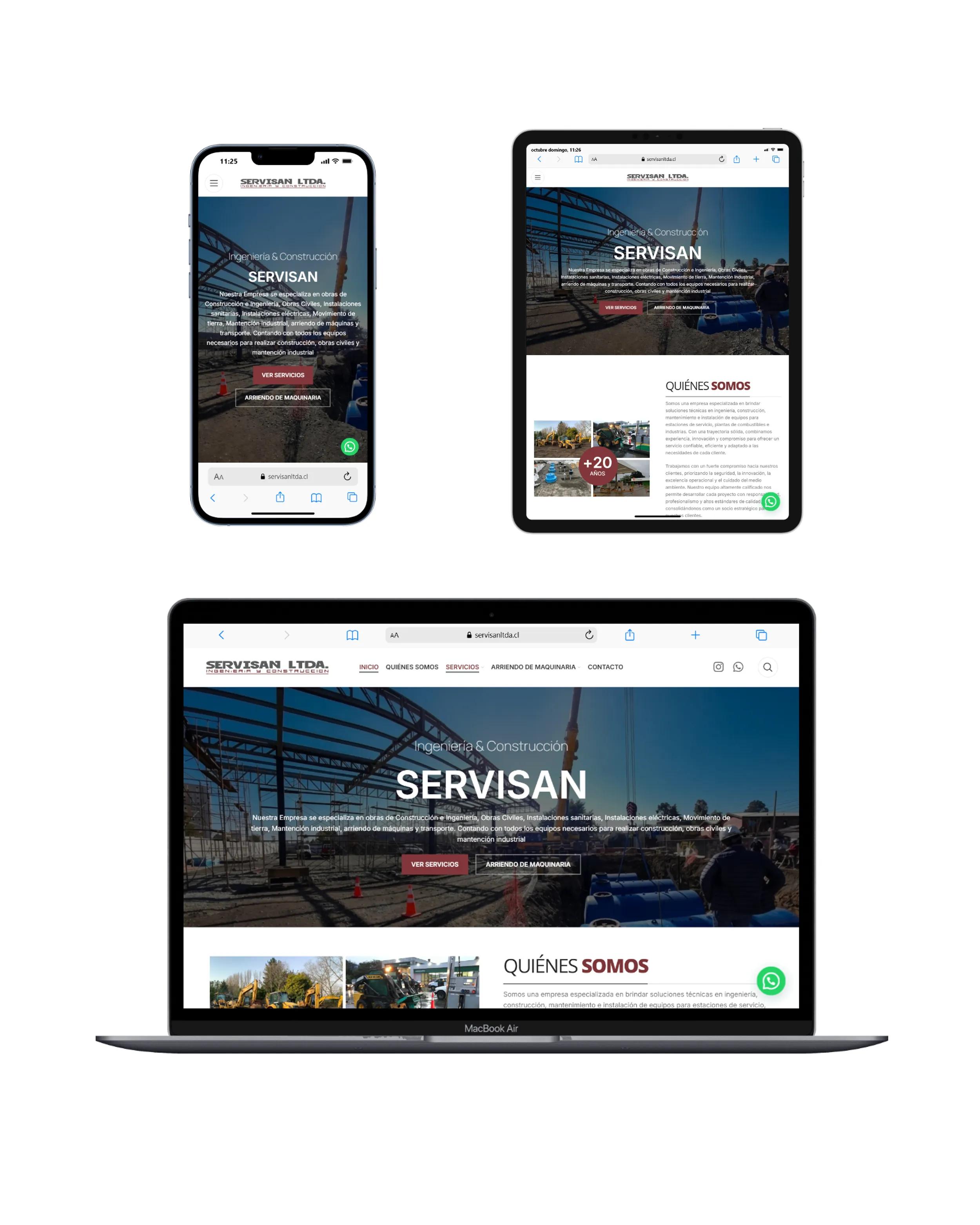 100% Adaptable y fluido en cualquier pantalla 📱💻🖥️. Desarrollamos el sitio web de Servisan garantizando una experiencia de usuario perfecta tanto para quienes revisan la flota desde un teléfono en terreno como para gerentes de proyectos en computadoras de escritorio.