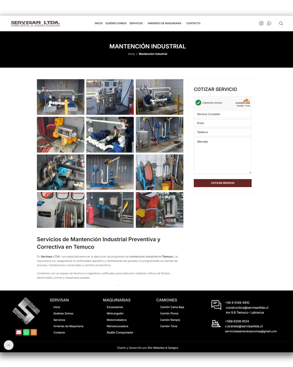 Cada servicio cuenta con su propio espacio detallado y un formulario de cotización directa. En esta vista de Mantenimiento Industrial, integramos galerías fotográficas en alta resolución de sus trabajos en terreno y un formulario optimizado para asegurar respuestas rápidas a cada cliente corporativo.