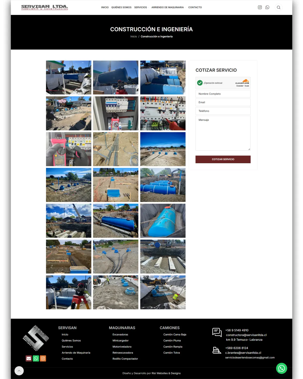 Cada servicio cuenta con su propio espacio detallado y un formulario de cotización directa. En esta vista de Mantenimiento Industrial, integramos galerías fotográficas en alta resolución de sus trabajos en terreno y un formulario optimizado para asegurar respuestas rápidas a cada cliente corporativo.